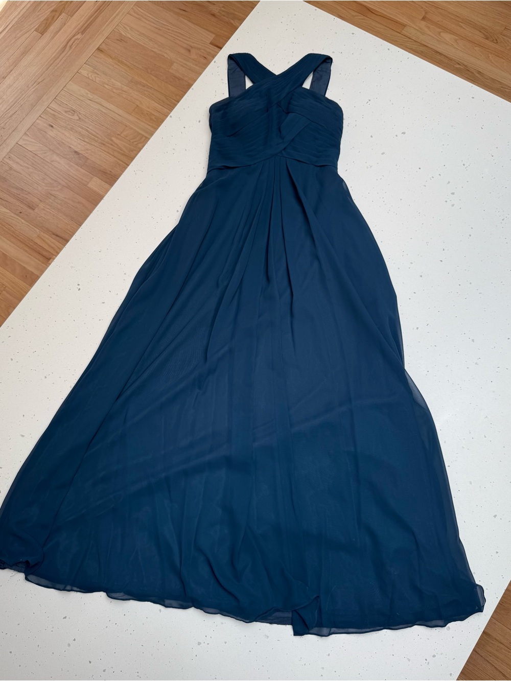 Azazie A4 Blue Chiffon Formal Maxi Dress Cross Back Pleated Bodice